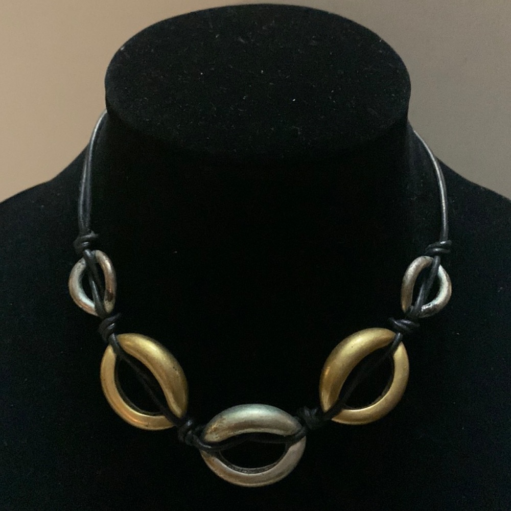 Chico’s necklace, gold, silver, leather, 17”